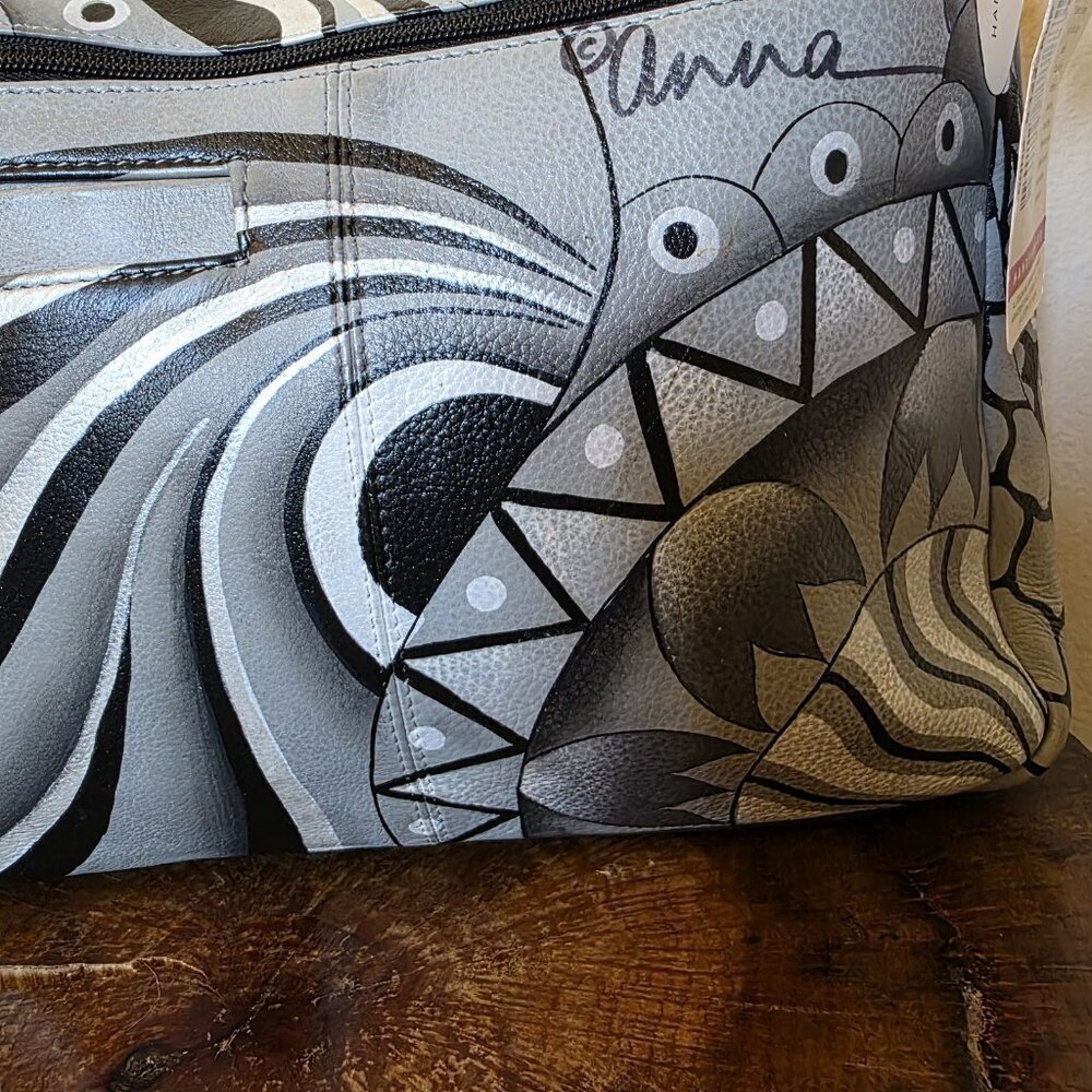 Anuschka Hand Painted Leather Hobo Bag Pewter Floral Patchwork Art NWT - Picture 16 of 16